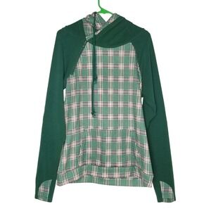 Michelle Mae‎ Sweater green plaid Asymmetrical double hood size Medium